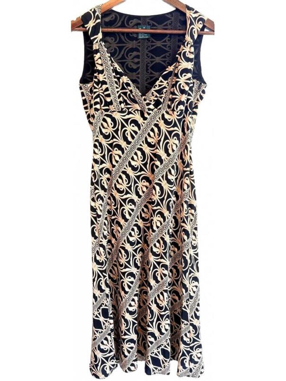 Silk Fit & Flare Dress Black Tan Baroque Scroll Print Sleeveless Size 8